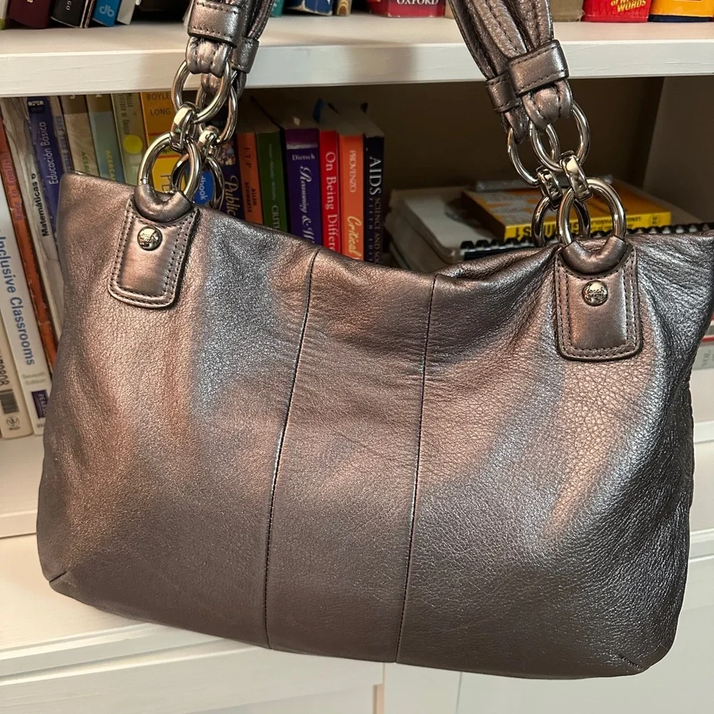 COACH Metallic Silver Leather Tote Bag with Chain Detail